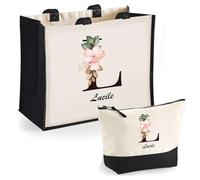 Duo cabas jute et trousse noir Lucile Lettre Fleur | Cadeau Anniversaire Femme Noël Fête des Mères Set Shopping Sac de courses & Pochette