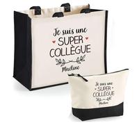 Duo cabas jute et trousse noir Maéline Une Super Collègue | Cadeau Anniversaire Femme Noël Fête des Mères Set Shopping Sac de courses & Pochette