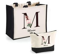 Duo Cabas Jute et Trousse Noir Manon Lettre Fleur | Cadeau Anniversaire Femme Noël Fête des Mères Set Shopping Sac de Courses & Pochette