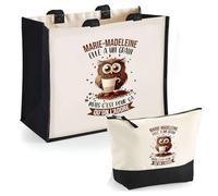 Duo cabas jute et trousse noir Marie-Madeleine Chouette Grain | Cadeau Anniversaire Femme Noël Fête des Mères Set Shopping Sac de courses & Pochette
