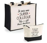 Duo cabas jute et trousse noir Marie-Madeleine Une Super Collègue | Cadeau Anniversaire Femme Noël Fête des Mères Set Shopping Sac de courses & Pochette