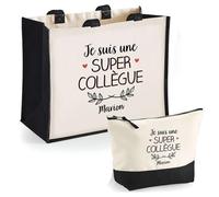 Duo cabas jute et trousse noir Marion Une Super Collègue | Cadeau Anniversaire Femme Noël Fête des Mères Set Shopping Sac de courses & Pochette