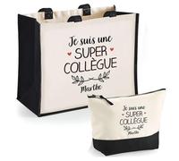 Duo cabas jute et trousse noir Marthe Une Super Collègue | Cadeau Anniversaire Femme Noël Fête des Mères Set Shopping Sac de courses & Pochette