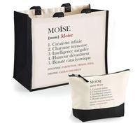 Duo cabas jute et trousse noir Moïse Définition | Cadeau Homme Fête des Pères Humour Prénom Set Shopping Sac de courses et Pochette