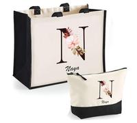 Duo cabas jute et trousse noir Naya Lettre Fleur | Cadeau Anniversaire Femme Noël Fête des Mères Set Shopping Sac de courses & Pochette