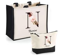 Duo Cabas Jute et Trousse Noir Nesrine Lettre Fleur | Cadeau Anniversaire Femme Noël Fête des Mères Set Shopping Sac de Courses & Pochette