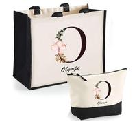 Duo cabas jute et trousse noir Olympe Lettre Fleur | Cadeau Anniversaire Femme Noël Fête des Mères Set Shopping Sac de courses & Pochette