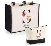 Duo Cabas Jute et Trousse Noir Sarah Lettre Fleur | Cadeau Anniversaire Femme Noël Fête des Mères Set Shopping Sac de Courses & Pochette