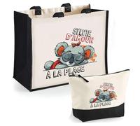 Duo cabas jute et trousse noir Sylvie d'amour à la Plage | Cadeau Anniversaire Femme Noël Fête des Mères Set Shopping Sac de courses & Pochette