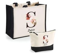 Duo cabas jute et trousse noir Sylvie Lettre Fleur | Cadeau Anniversaire Femme Noël Fête des Mères Set Shopping Sac de courses & Pochette