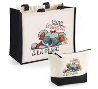 Duo cabas jute et trousse noir Tante d'amour à la Plage | Cadeau Anniversaire Femme Noël Fête des Mères Set Shopping Sac de courses & Pochette