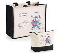 Duo cabas jute et trousse noir Techniciens Les Autres vs Moi | Cadeau Anniversaire Femme Noël Fête des Mères Set Shopping Sac de courses & Pochette