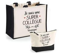 Duo cabas jute et trousse noir Véronique Une Super Collègue | Cadeau Anniversaire Femme Noël Fête des Mères Set Shopping Sac de courses & Pochette
