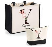 Duo cabas jute et trousse noir Yasmina Lettre Fleur | Cadeau Anniversaire Femme Noël Fête des Mères Set Shopping Sac de courses & Pochette