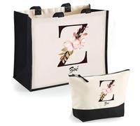 Duo cabas jute et trousse noir Zoé Lettre Fleur | Cadeau Anniversaire Femme Noël Fête des Mères Set Shopping Sac de courses & Pochette