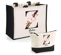Duo cabas jute et trousse noir Zohra Lettre Fleur | Cadeau Anniversaire Femme Noël Fête des Mères Set Shopping Sac de courses & Pochette
