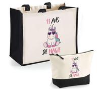 Duo cabas jute et trousse noire 41 ans de Magie Cadeau Femme Homme, Anniversaire Noël, Maman Papa | Sac Shopping Courses Pochette Rangement