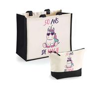 Duo cabas jute et trousse noire 50 ans de Magie Cadeau Femme Homme, Anniversaire Noël, Maman Papa | Sac Shopping Courses Pochette Rangement