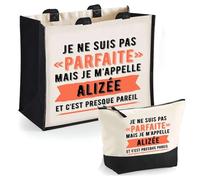 Duo cabas jute et trousse noire Alizée Parfaite Cadeau humour femme Anniversaire Noël fête des Mères Mamie | Sac shopping courses et pochette