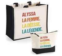 Duo Cabas Jute et Trousse Noire Alyssa Déesse Légende Vintage | Cadeau Anniversaire Fête des Mères Noël Sac de Courses Pochette Maquillage Cabas Femme Shopping