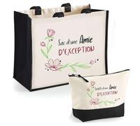 Duo Cabas Jute et Trousse Noire Amie d'exception Cadeau Humour Femme Collègue Travail Retraite Remerciement Secret Santa Sac Shopping Courses Pratique Pochette Rangement