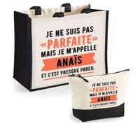 Duo Cabas Jute et Trousse Noire Anaïs Parfaite Cadeau Humour Femme Anniversaire Noël fête des Mères Mamie | Sac Shopping Courses et Pochette