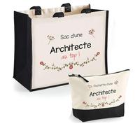 Duo Cabas Jute et Trousse Noire Architecte au Top Cadeau Humour Femme Collègue Travail Retraite Remerciement Secret Santa Sac Shopping Courses Pratique Pochette Rangement