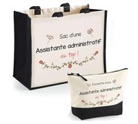Duo cabas jute et trousse noire Assistante administratif au top Cadeau humour femme Collègue Travail Retraite Remerciement Secret Santa sac shopping courses pratique pochette rangement
