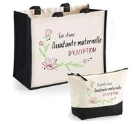 Duo cabas jute et trousse noire Assistante maternelle d'exception Cadeau humour femme Collègue Travail Retraite Remerciement Secret Santa sac shopping courses pratique pochette rangement