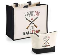 Duo Cabas Jute et Trousse Noire Ball Trap J'peux Pas | Cadeau Anniversaire Noël Sac de Courses Pochette Femme Homme Shopping