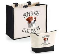 Duo Cabas Jute et Trousse Noire Beagle Chien C'est la Vie | Cadeau Anniversaire Noël Sac de Courses Pochette Femme Homme Shopping