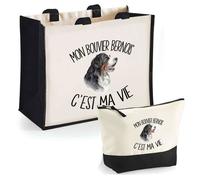 Duo cabas jute et trousse noire Bouvier Bernois Chien C'est la vie Cadeau Anniversaire Noël Sac de courses Pochette Femme Homme