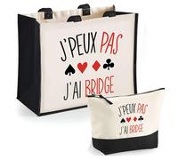 Duo Cabas Jute et Trousse Noire Bridge J'peux Pas | Cadeau Anniversaire Noël Sac de Courses Pochette Femme Homme Shopping