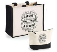 Duo Cabas Jute et Trousse Noire Charlotte Déesse Légende | Cadeau Anniversaire Fête des Mères Noël Sac de Courses Pochette Maquillage Cabas Femme Shopping