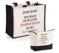 Duo Cabas Jute et Trousse Noire Chauffeur Routier ça n'existe Pas | Cadeau Anniversaire Fête des Mères Noël Sac de Courses Pochette Maquillage Cabas Femme Shopping