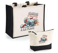 Duo Cabas Jute et Trousse Noire Clarisse à la Plage | Cadeau Anniversaire Fête des Mères Noël Sac de Courses Pochette Maquillage Cabas Femme Shopping