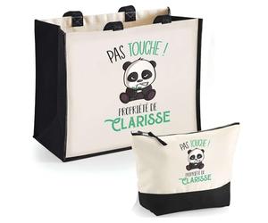 Duo Cabas Jute et Trousse Noire Clarisse Pas Touche Panda | Cadeau Anniversaire Noël Sac de Courses Pochette Femme Homme Shopping