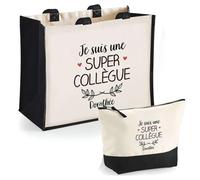 Duo Cabas Jute et Trousse Noire Dorothée Une Super Collègue | Cadeau Anniversaire Fête des Mères Noël Sac de Courses Pochette Maquillage Cabas Femme Shopping