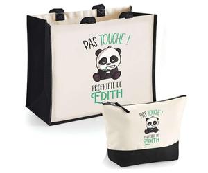 Duo Cabas Jute et Trousse Noire Edith Pas Touche Panda | Cadeau Anniversaire Noël Sac de Courses Pochette Femme Homme Shopping