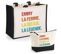 Duo Cabas Jute et Trousse Noire Emmy Déesse Légende Vintage | Cadeau Anniversaire Fête des Mères Noël Sac de Courses Pochette Maquillage Cabas Femme Shopping