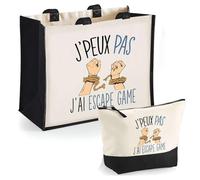 Duo Cabas Jute et Trousse Noire Escape Game J'peux Pas | Cadeau Anniversaire Noël Sac de Courses Pochette Femme Homme Shopping
