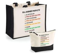 Duo cabas jute et trousse noire etre sur mon tracteur journée parfaite Cadeau Femme Homme, Anniversaire Noël, Maman Papa | Sac Shopping Courses Pochette Rangement