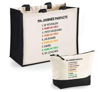 Duo cabas jute et trousse noire faire du vélo journée parfaite Cadeau Femme Homme, Anniversaire Noël, Maman Papa | Sac Shopping Courses Pochette Rangement