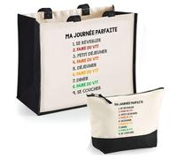 Duo cabas jute et trousse noire faire du vtt journée parfaite Cadeau Femme Homme, Anniversaire Noël, Maman Papa | Sac Shopping Courses Pochette Rangement