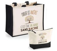 Duo Cabas Jute et Trousse Noire Généalogie J'peux Pas | Cadeau Anniversaire Noël Sac de Courses Pochette Femme Homme Shopping