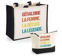 Duo Cabas Jute et Trousse Noire Géraldine Déesse Légende Vintage | Cadeau Anniversaire Fête des Mères Noël Sac de Courses Pochette Maquillage Cabas Femme Shopping