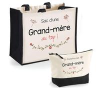 Duo cabas jute et trousse noire Grand-mère au top Cadeau mamie femme fête des grands-mères anniversaire sac shopping courses pratique pochette rangement