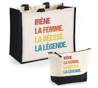 Duo Cabas Jute et Trousse Noire Irène Déesse Légende Vintage | Cadeau Anniversaire Fête des Mères Noël Sac de Courses Pochette Maquillage Cabas Femme Shopping