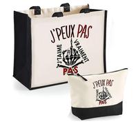 Duo Cabas Jute et Trousse Noire Je t'aime Pas J'peux Pas | Cadeau Anniversaire Noël Sac de Courses Pochette Femme Homme Shopping