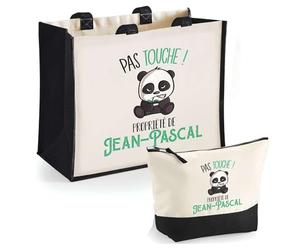 Duo Cabas Jute et Trousse Noire Jean-Pascal Pas Touche Panda | Cadeau Anniversaire Noël Sac de Courses Pochette Femme Homme Shopping